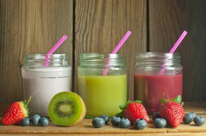 Three flavoured smoothies in jars