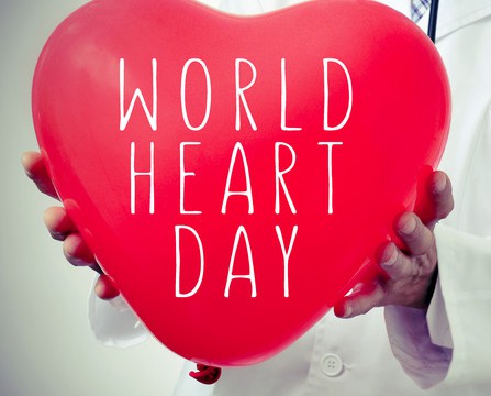 closeup of a doctor man showing a red heart-shaped balloon with the text world heart day written in it