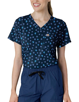 Carhartt Cross-Flex Women's Tuck In Lively Logo Dots Navy Print Scrub Top