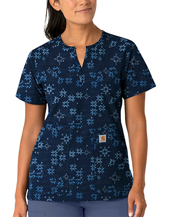 Carhartt CROSS-FLEX Women's Notch Neck Winter Quilt Navy Print Scrub Top