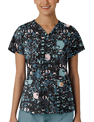 Wink Scrubs Carhartt Women's V-Neck Print Scrub Top in Geo Logo Black