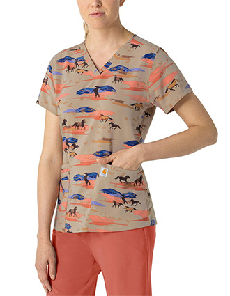 Wink Scrubs Carhartt Women's V-Neck Print Scrub Top in Mustang Meadow
