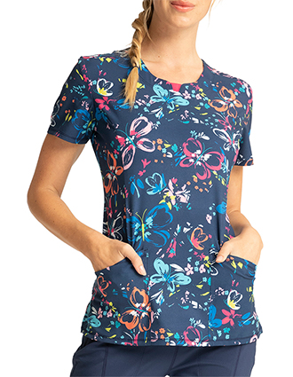 Cherokee Women's Flutter Floral Printed Round Neck Top