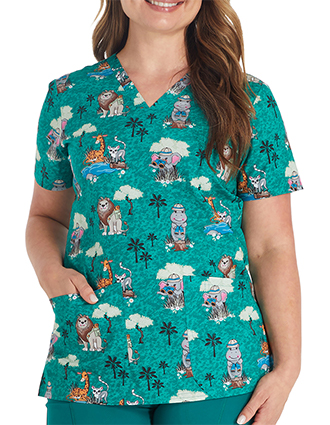 Cherokee Women's Safari Fun Print V-Neck Scrub Top