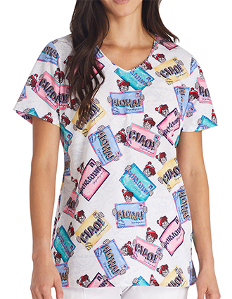 Cherokee Licensed Women's I'm Right Here Print Scrub Top