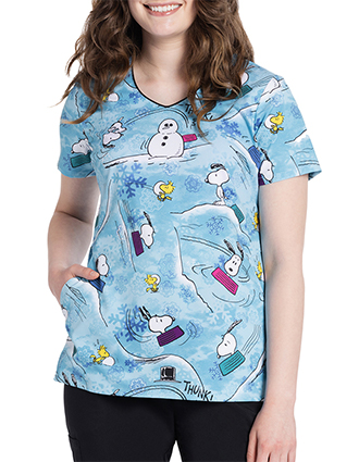 Cherokee Licensed Women's V-Neck Print Top in Sledding Snoopy