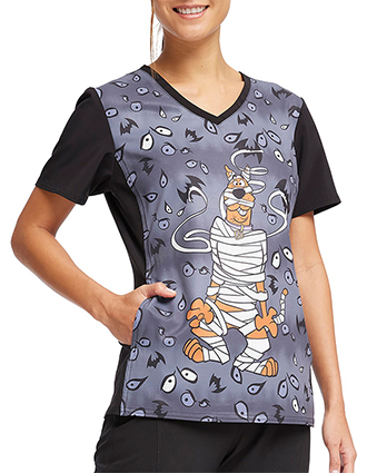 Cherokee Tooniforms V-Neck Print Top in Under Wraps to Scrub top