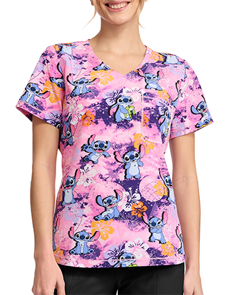 Cherokee Licensed Women's Rounded Print V-Neck Top in Celestial Stitch