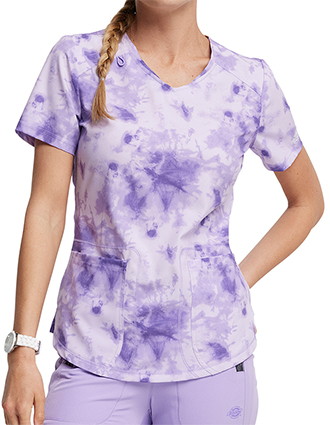 Dickies Women's V-Neck Tonal Tie Dye Lavender Scrub Print Top