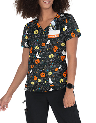 Koi Basics Women's Haunted Night Halloween V-Neck Print Scrub Top