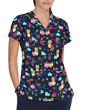 Koi French Bull by koi Lulu Women's Kitty Cloud Print Scrub Top