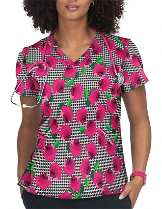 Koi French Bull by koi Doll Women's Houndstooth Rose Stretch Print Scrub Top