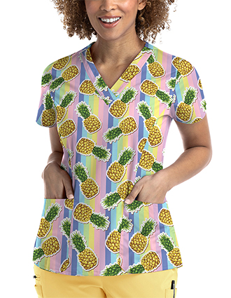 Maevn Women's Strectch V-Neck Print in Mad About Pineapples Scrub Top