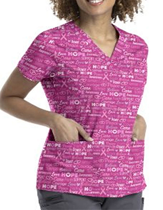 Maevn Pink Hope Dreams Women's 3-Pocket STRETCH V-Neck Print Scrub Top