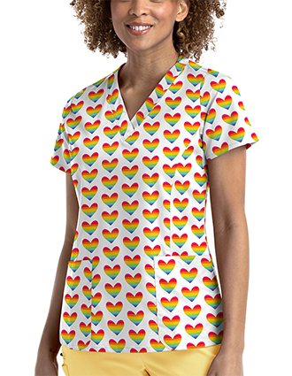 Maevn Women's Strectch V-Neck Print in Peace Love And Rainbows Scrub Top