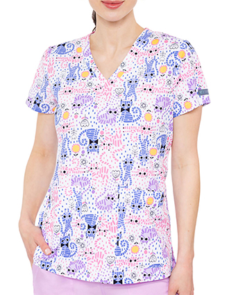 Med Couture MC Prints Women's  V-Neck Print Top in Cheerful Kitties