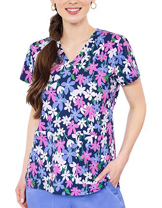 Med Couture MC Prints Women's  V-Neck Print Top in Navy Meadow