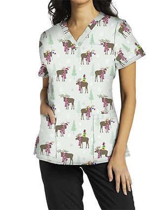 White Cross Allure Women's Moose Wonderful Time of the Year Printed Scrub Top