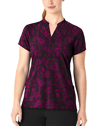 WonderWink Women's Mandarin Collar Print Scrub Top in Sky Flutter Wine