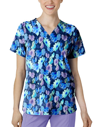 WonderWink Women's Fitted V-Neck Print Scrub Top in Flower Meadow