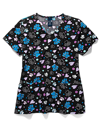 Zoe+Chloe Performance V-Neck Print Scrub Top In BE PAWSOME