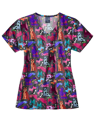 Zoe+Chloe Women's  Performance V-Neck Print Scrub Top in Paw Squad