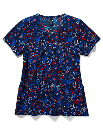 Zoe + Chloe Performance Women's V-Neck Print Scrub Top In RED WHITE & BLOOM