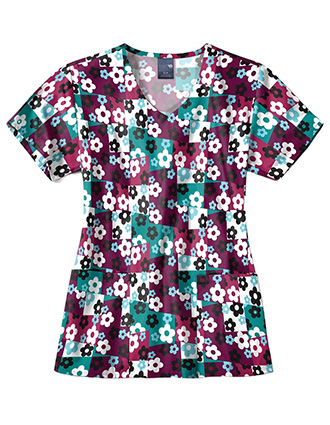 Zoe+Chloe Women's  Performance V-Neck Print Scrub Top in Skater Check Wine