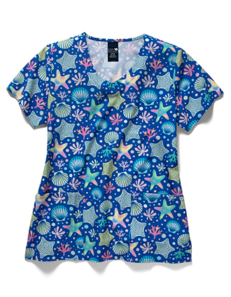 Zoe + Chloe Performance Women's V-Neck Print Scrub Top In STARFISH WISH