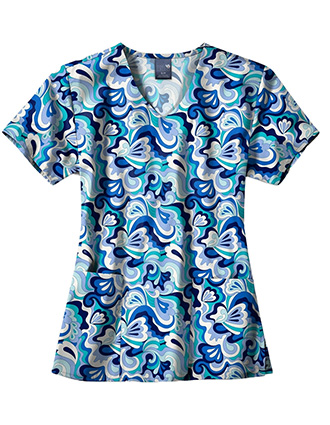 Zoe+Chloe Women's  Performance V-Neck Print Scrub Top in Wavy Paisley