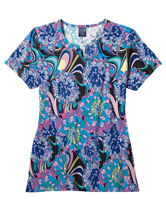 Zoe+Chloe Performance Women's Notch Neck Print Scrub Top in Disco Floral