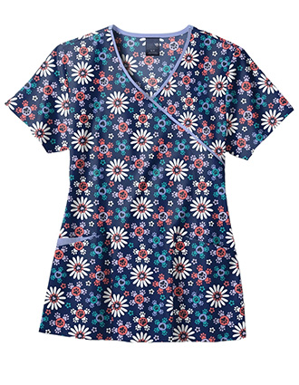 Zoe+Chloe Women's Contrast Mock Wrap Print Scrub Top in Flower Pawer