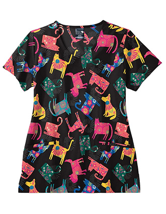 Zoe and Chloe Women's V-Neck Pawsitive Vibes Print Scrub Top