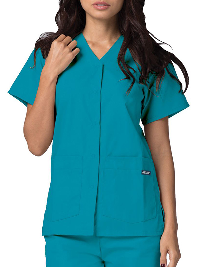 Adar Women's Nurses Double Pocket Snap Front Scrub Top