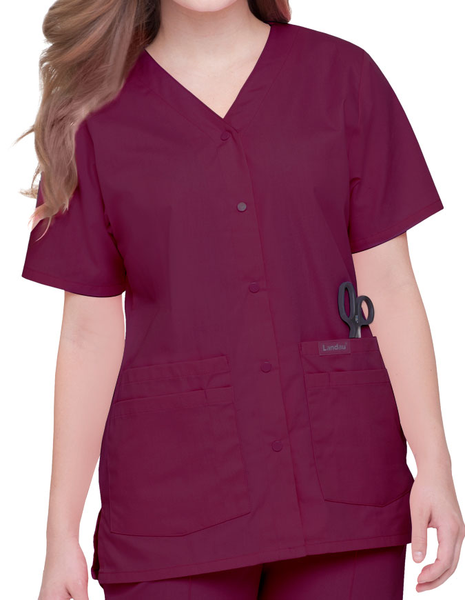 Landau Womens V-Neck Snap Front Solid Nurse Scrub Top