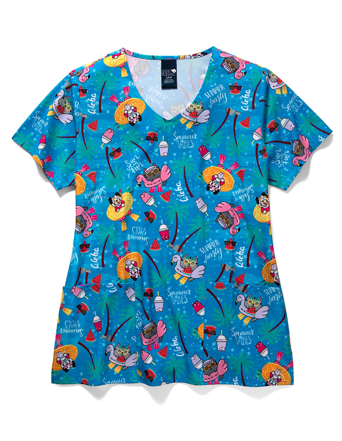 Zoe + Chloe Performance Women's V-Neck Print Scrub Top In PLAYCATION