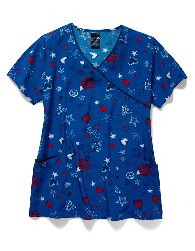 Zoe+Chloe Women's Contrast Mock Wrap Print Scrub Top in PEACE LOVE LIBERTY