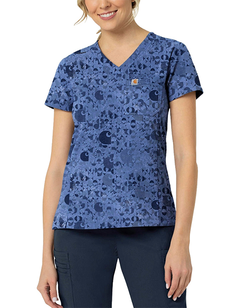 Carhartt Cross-Flex Women's Tuck In Geo Logo Riverside Print Scrub Top