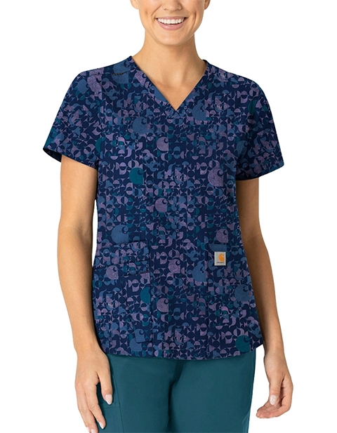 Carhartt Women's V-Neck Print Scrub Top in Geo Logo Navy