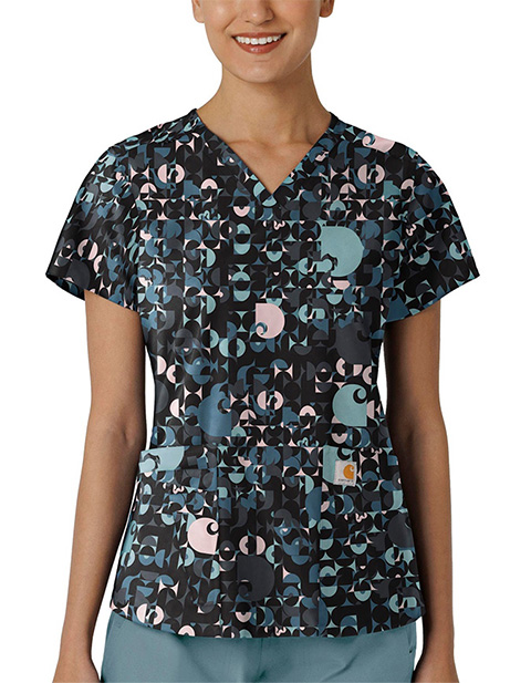 Wink Scrubs Carhartt Women's V-Neck Print Scrub Top in Geo Logo Black