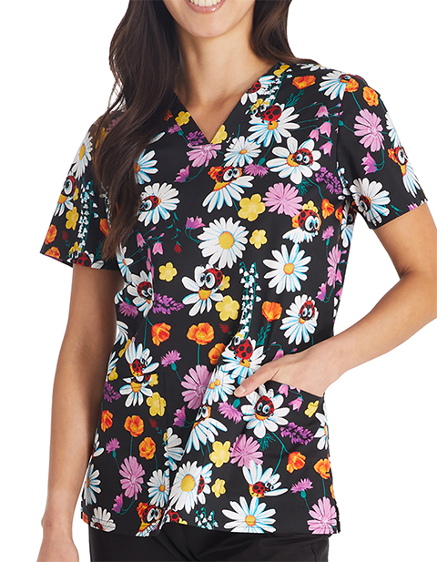 Cherokee Women's Ladybug Garden Print V-Neck Scrub Top