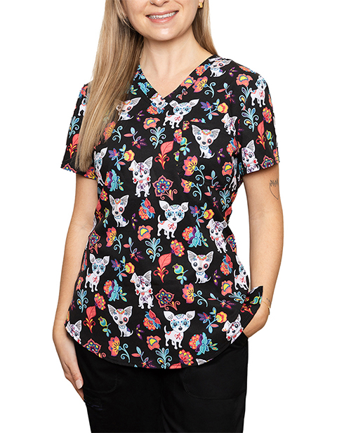 Cherokee Genuine Women's Sugar Skull Pups Print Scrub Top