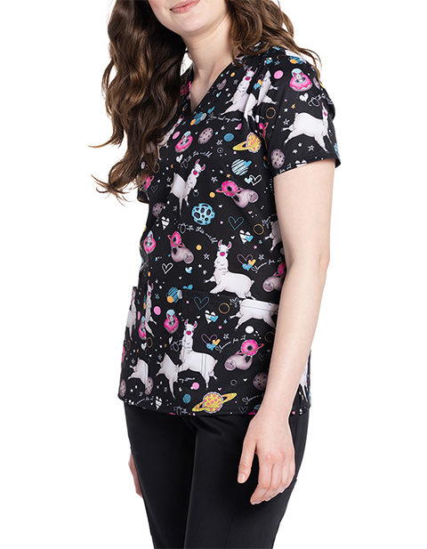 Cherokee Genuine Women's Space Snacks Print V-Neck Top