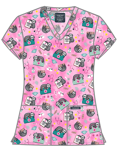 Cherokee Women's Nurse Sloth Print V-Neck Top