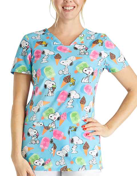 Cherokee Licensed Women's Shaped V-Neck Print Top in Snoopy Sprinkles