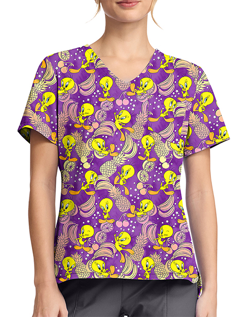 Cherokee Licensed Print Unisex V-Neck Top in Tropical Tweety