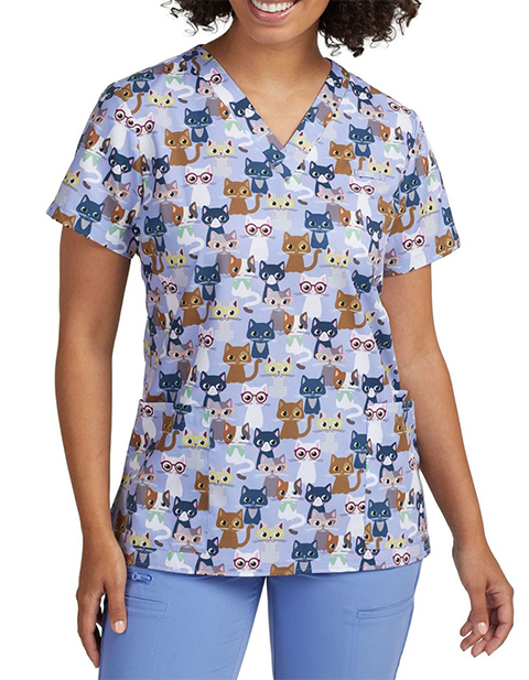 White Cross Marvella Women's V-Neck Curious Cats Print Scrub Top