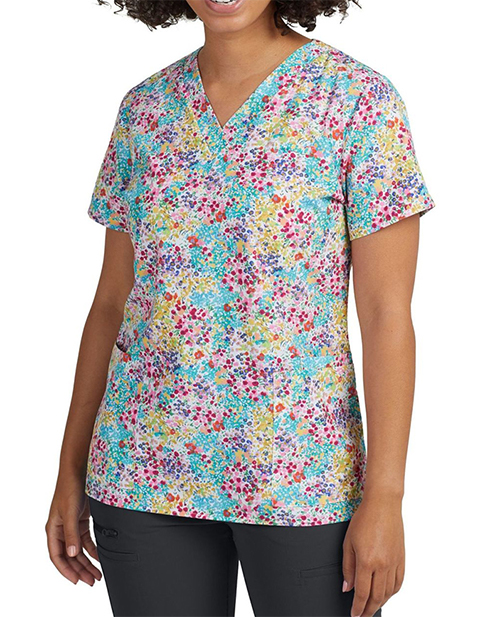 White Cross Marvella Women's V-Neck Flower Meadow Print Scrub Top