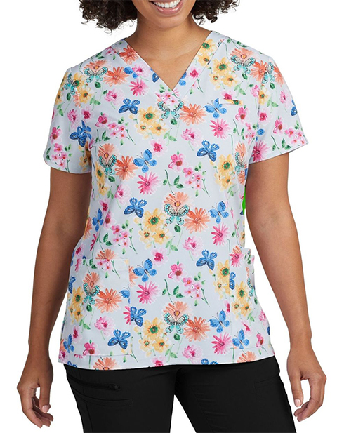 White Cross Marvella Women's V-Neck Garden Tea Print Scrub Top