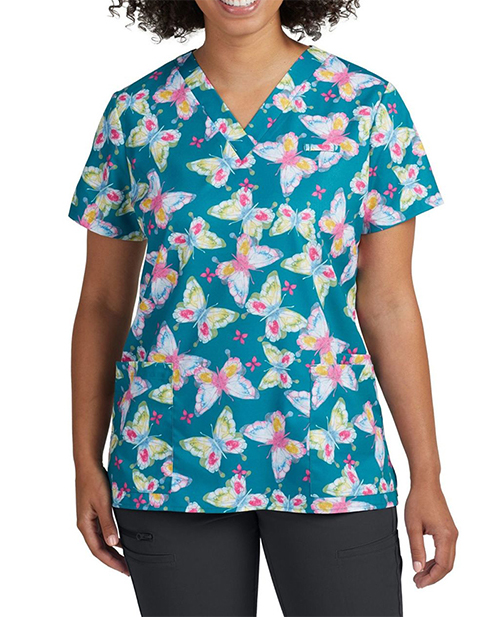 White Cross Marvella Women's V-Neck Painted Butterflies Print Scrub Top